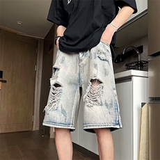 美式破洞牛仔短裤男夏季设计感小众高街宽松直筒五分裤DN983-p38，男装牛仔裤，星座1008