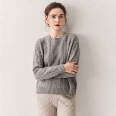 宽松慵懒复古麻花菱形山羊绒衫女减龄2025秋冬加厚圆领针织大毛衣，女装羊绒衫，绒创羊绒