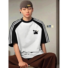 夏季美式高街重磅纯棉三条杠织带插肩撞色男女短袖T恤CZ202-特P25，男装T恤，电商A486