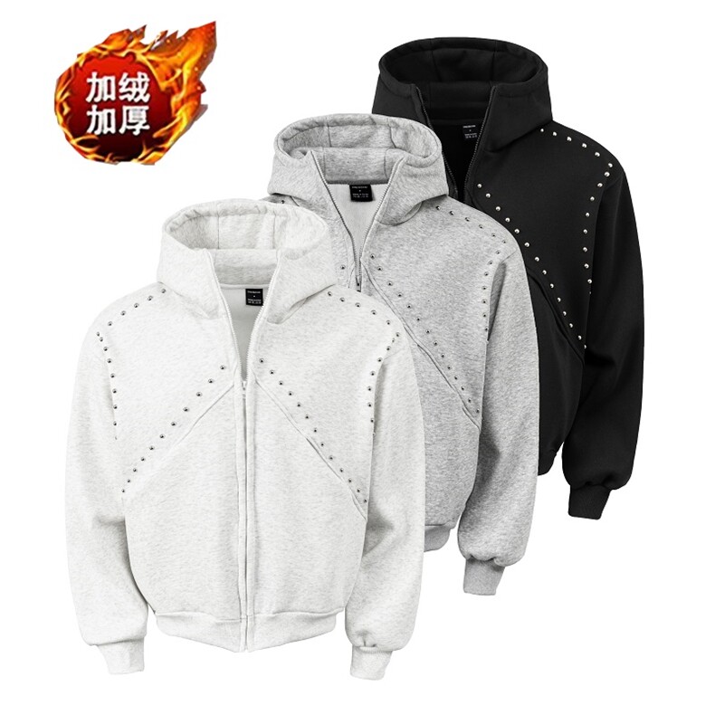 加绒加厚冬款男女连帽卫衣铆钉保暖休闲外套WY0231P68,男装棉衣,星座1013-1
