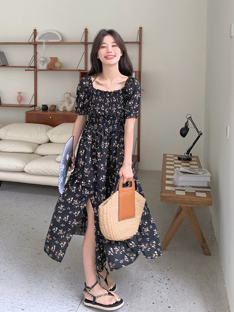 黑色茶歇法式碎花连衣裙女2025年夏季新款高级感收腰显瘦开叉长裙,女装连衣裙,浪娴服饰