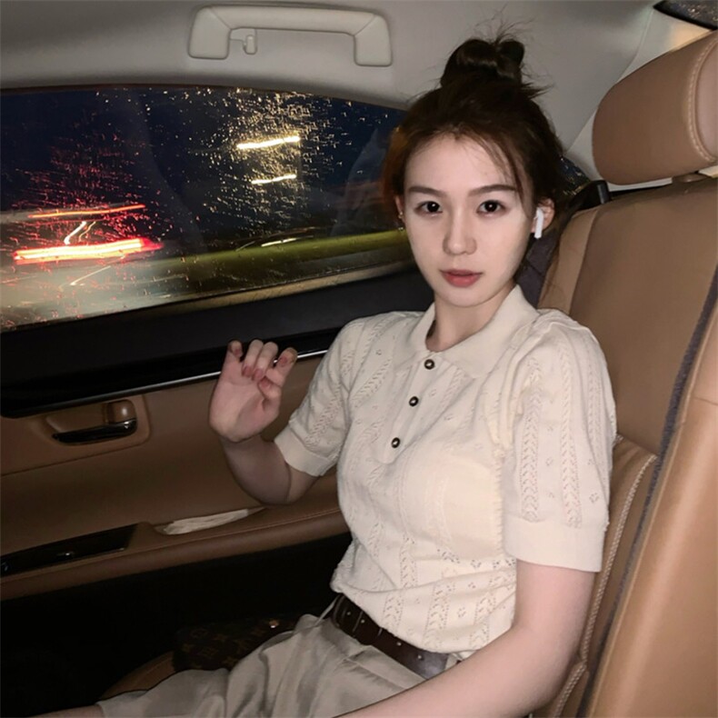 polo领短袖t恤女夏装新款韩版宽松百搭上衣,针织衫/毛衣,狄美羊绒