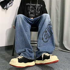 新款美式复古牛仔裤ins潮牌字母高街宽松百搭直筒长裤K4770-P45，男装牛仔裤，星座512-2