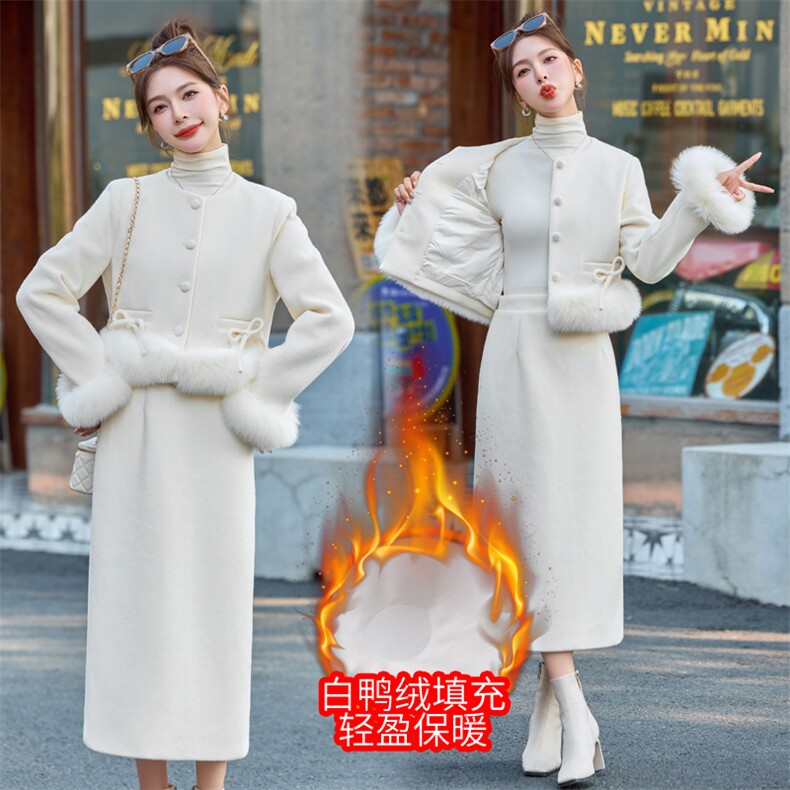 【财阀千金系列】2024新款冬装法式小香蝴蝶结套装白鸭绒狐狸毛图片