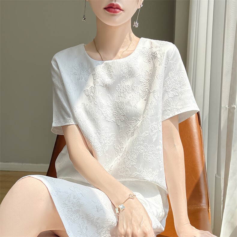 法式气质高端女神范高级感端庄白色醋酸缎面短袖连衣裙女阔版夏季,女装连衣裙,佳绒高端店