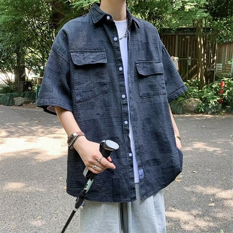 短袖牛仔衬衫男夏季美式潮牌痞帅宽松慵懒风情侣外套CS02209-P48,男装衬衫,星座308B-1