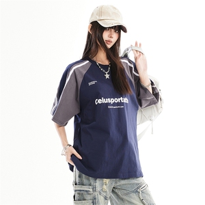 拼接撞色短袖男女2026夏季潮学院风字母印花情侣半袖T恤YD274-P45图片