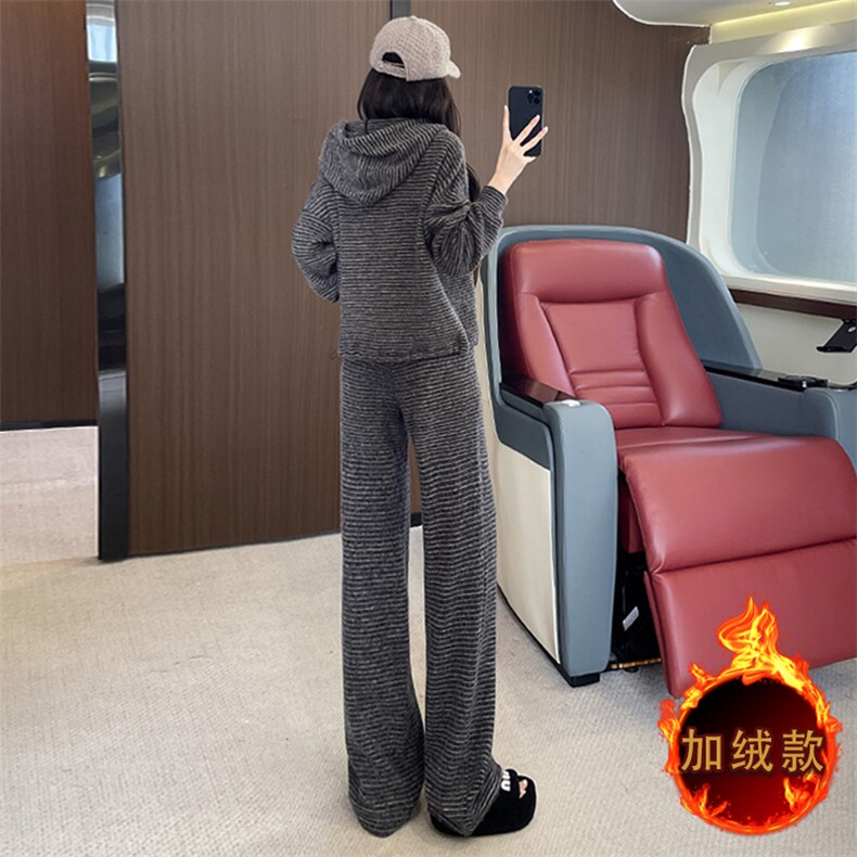 女秋冬条纹连帽外套休闲阔腿裤两件套,女装套装/套裙,江南