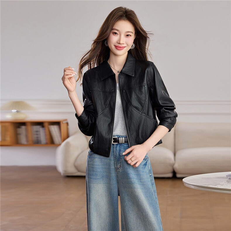 现货BAO款海宁皮衣外套女款2026新款短款春秋高级感小个子皮夹克,女装皮衣,美拉德工厂直营店