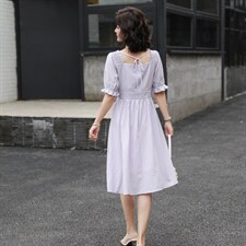 花边方领格纹泡泡袖连衣裙，女装连衣裙，韩蔻秀