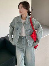 浅蓝色复古牛仔套装女2025春新款甜酷风时尚外套七分阔腿裤两件套，女装套装/套裙，浙宝305