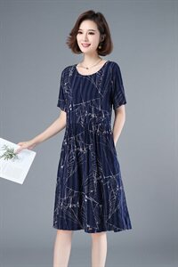 2021年夏季通勤中长款A字裙立体装饰短袖韩版40-49周岁裙子图片