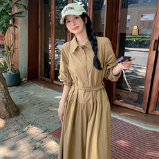 法式衬衫连衣裙女士中长款，女装连衣裙，素月