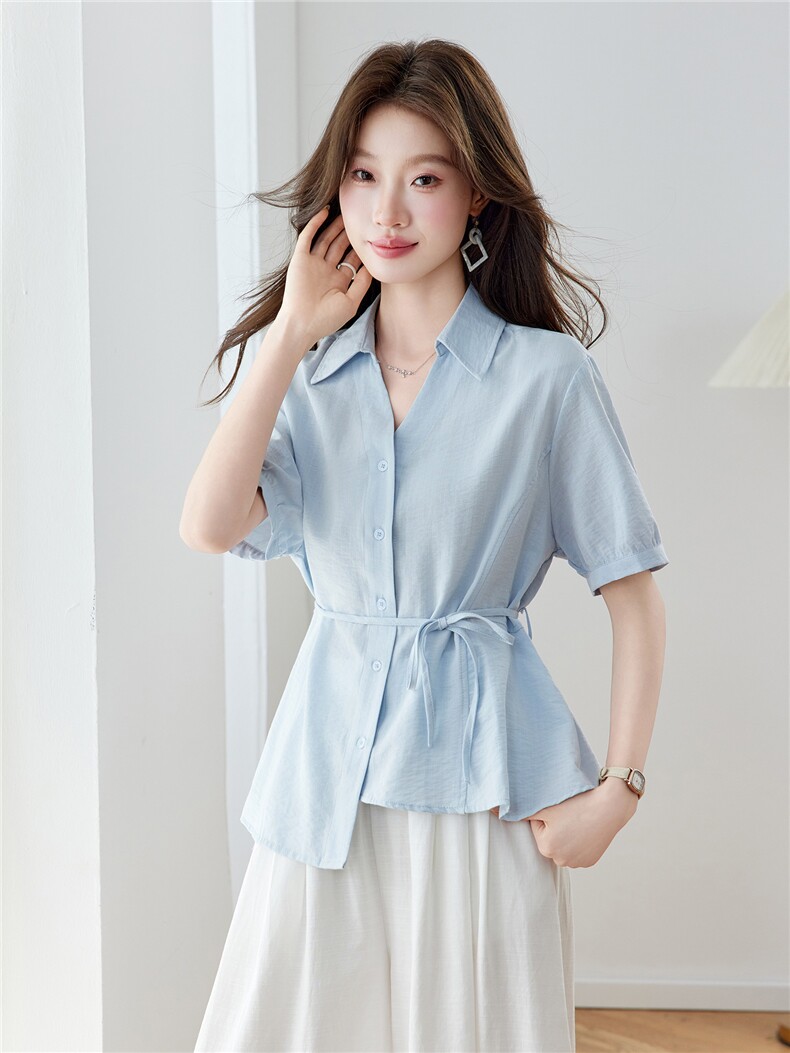 现货2026年夏季设计感通勤风时尚简约优雅绑带收腰不规则下摆女士,女装衬衫,木子恋
