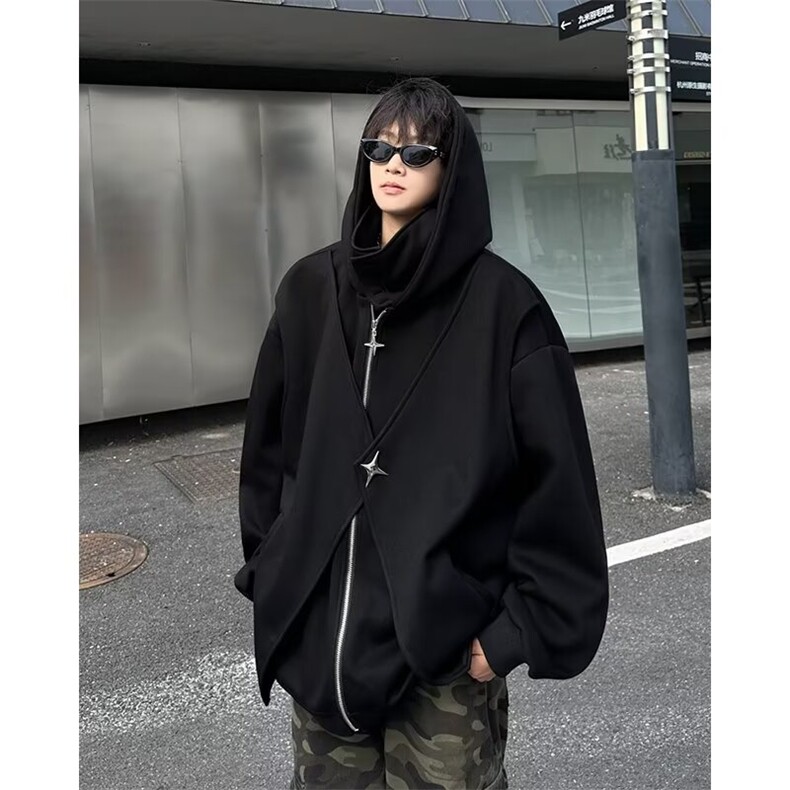 2025新款开衫卫衣男女春秋季高领假两件重磅高街vibe连帽外套，女装短外套，星座601-1