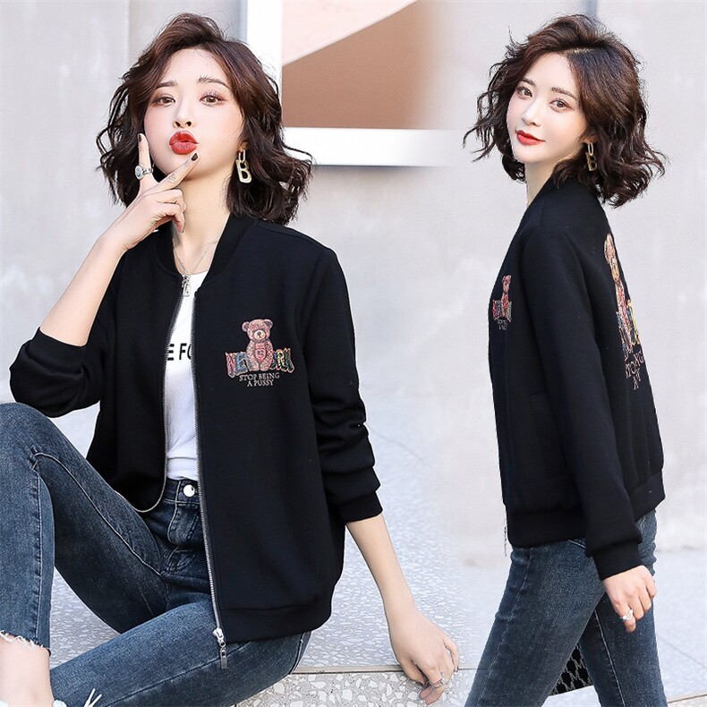 小个子短款棒球服女2025年春秋季新款百搭时尚小熊印花长袖外套,女装短外套,天丽