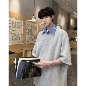 8XL-M格纹拼接假两件短袖t恤大码美式重磅polo翻领半袖DX1218/P48图片