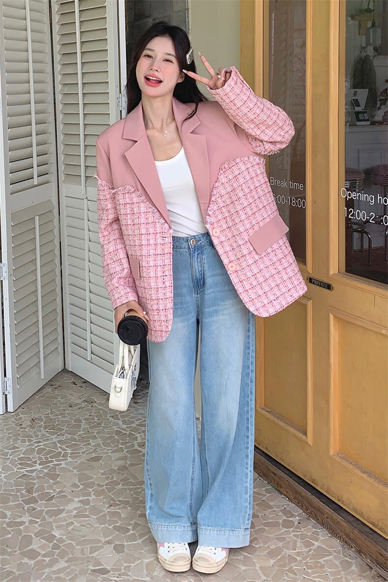 高级感粉色小个子西装外套女春秋2025新款韩版小香风拼接休闲西服,女装西装,天使之佳话