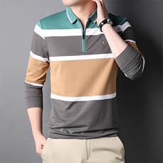 CE615钱塘2020-2中年男士春秋薄款商务休闲条纹长袖t恤货稳P65，男装T恤，钱塘207-2