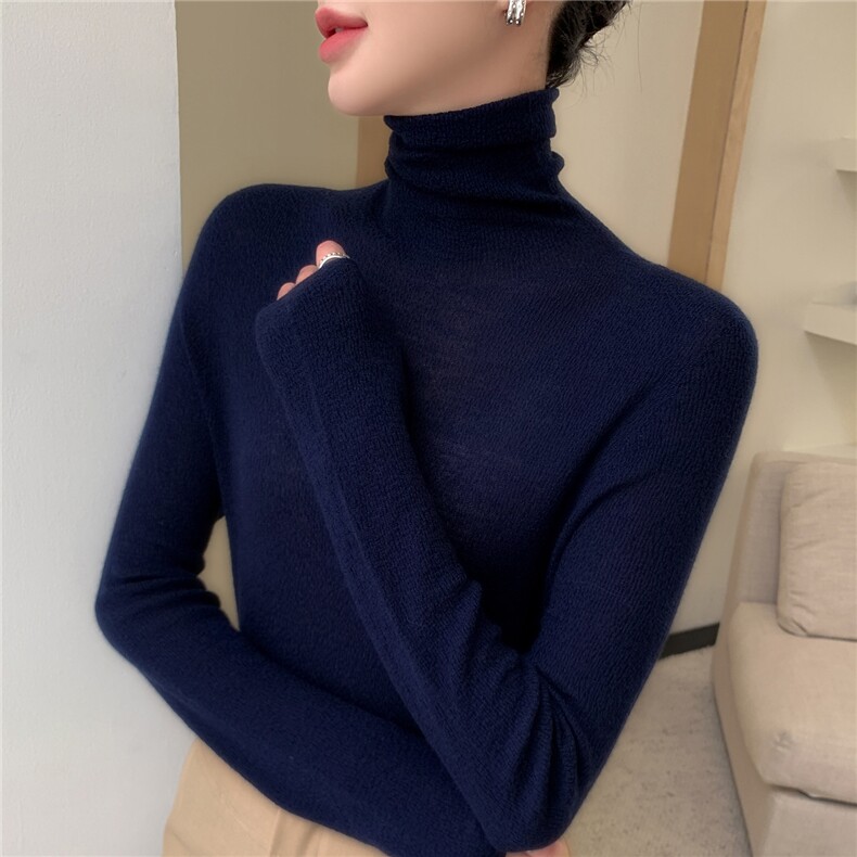 肌理纹扬子精纺羊毛衫软糯面膜打底衫秋冬无缝堆领女薄针织毛衣，女装针织衫/毛衣，暖绒情旗舰店