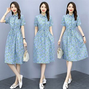 纯棉连衣裙女2023夏季时尚中长款碎花裙气质翻领收腰显瘦棉布裙子