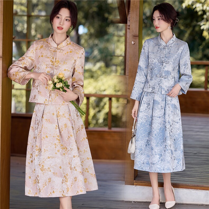 3127复古新中式提花两件套裙，女装套装/套裙，香莘料