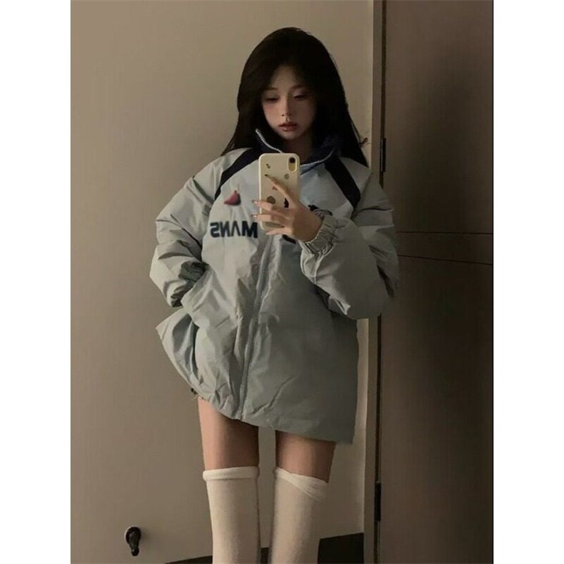 美式甜酷风简约通勤字母刺绣棉服外套女冬季宽松撞色立领保暖棉衣，男装夹克，星座506A