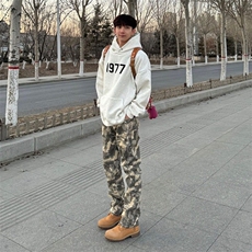 美式vibe迷彩直筒工装牛仔裤男hiphop高街复古微喇修身显瘦休闲裤，男装牛仔裤，星座601-1