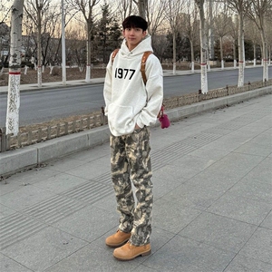 美式vibe迷彩直筒工装牛仔裤男hiphop高街复古微喇修身显瘦休闲裤图片