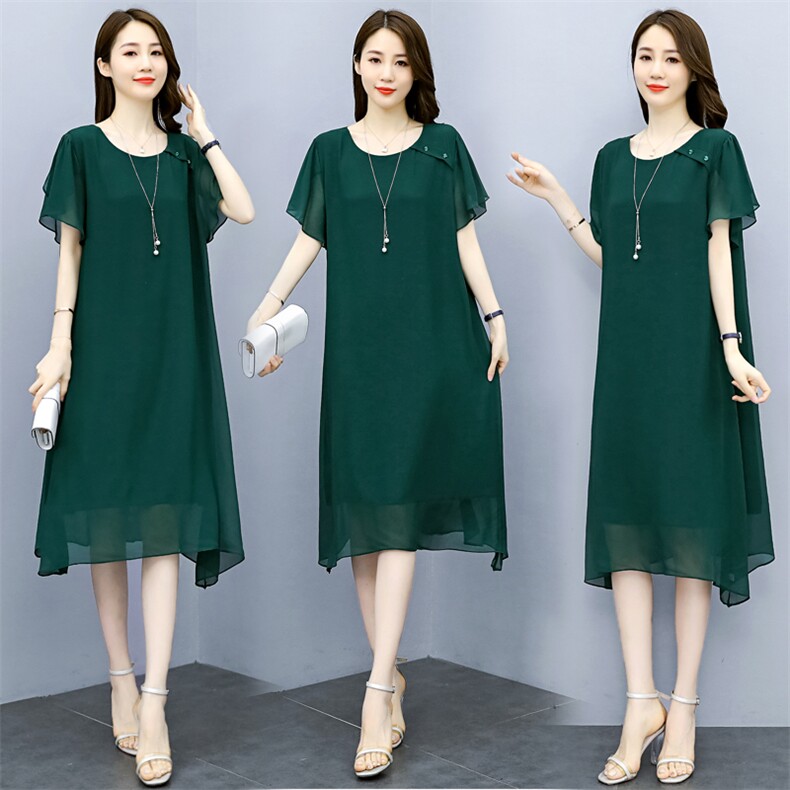 （现货）大码女装胖mm雪纺连衣裙夏加肥加大胖妈妈装中长款裙子，女装连衣裙，深妍伊美