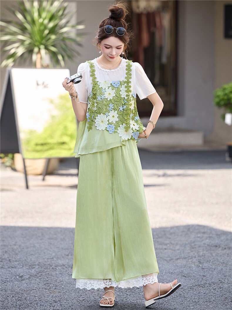 高端小香风时尚套装女2025夏季新款洋气减龄短袖假两件上衣阔腿裤,女装套装/套裙,艾仟回(原伊仟回)