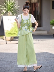 高端小香风时尚套装女2025夏季新款洋气减龄短袖假两件上衣阔腿裤，女装套装/套裙，艾仟回(原伊仟回)
