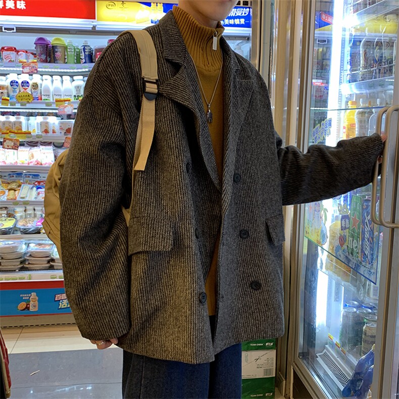 毛呢外套休闲潮灰色小西服上衣潮流ins双排扣呢子大衣W1734-P60,男装夹克,星座512-2