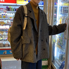 毛呢外套休闲潮灰色小西服上衣潮流ins双排扣呢子大衣W1734-P60，男装夹克，星座512-2
