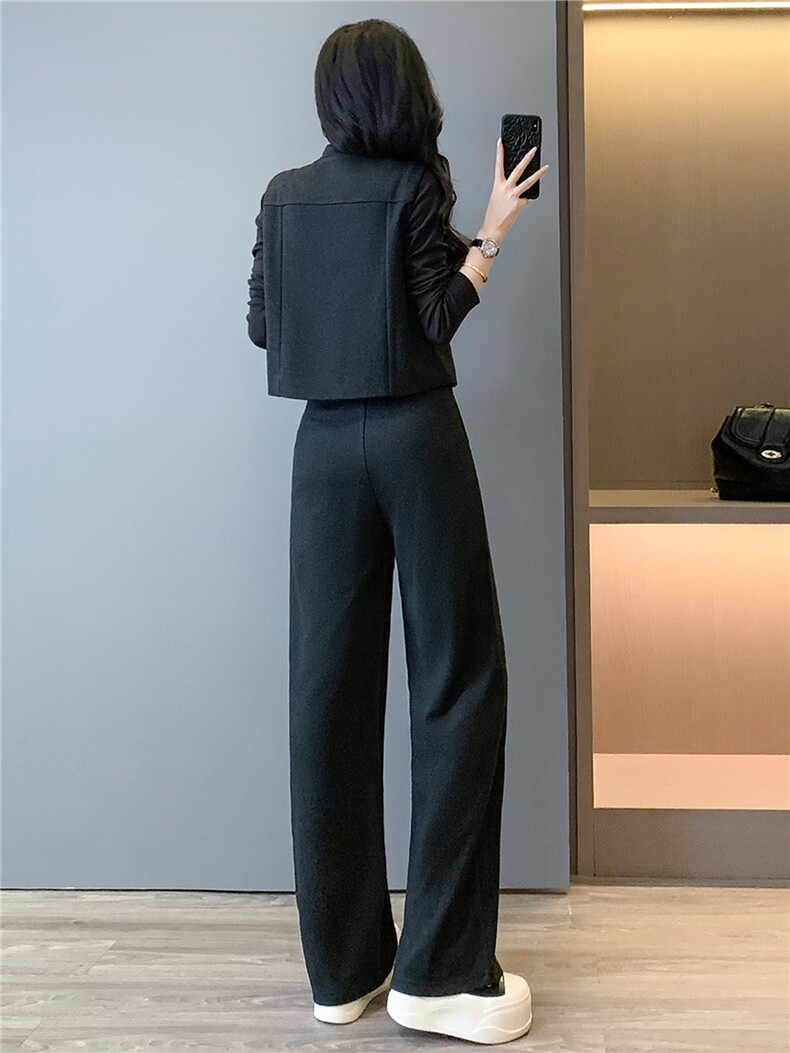 休闲运动套装女秋季新款显瘦马甲外套内搭深灰打底衫阔腿裤三件套,女装套装/套裙,江南
