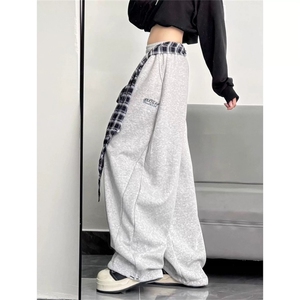 美式格子屁帘叠穿弯刀卫裤女宽松嘻哈街舞阔腿运动保暖休闲裤子图片