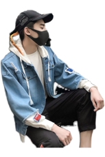 男式牛仔假两件破洞牛仔外套休闲个性潮流连帽夹克J，男装夹克，电商B226-2（原B217-2）