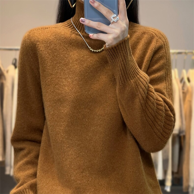 重磅加厚100羊毛衫女宽松套头时尚针织毛衣半高领打底冬装,女装羊毛衫,奢优羊绒