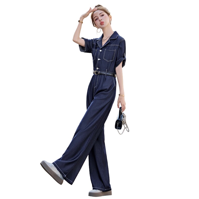 （新款现货）闺舍2026夏时尚女洋气天丝牛仔阔腿连体裤（配腰带）,女装连体裤,印象茜