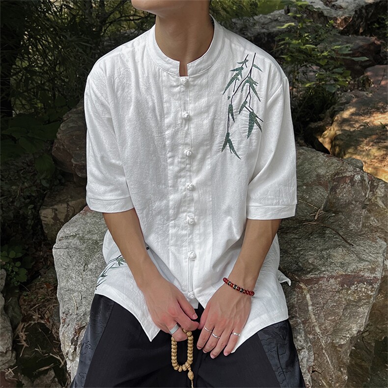 新中式风男女同款24夏竹叶刺绣立领盘扣衬衫MT2308-P65-控78,男装衬衫,电商A021
