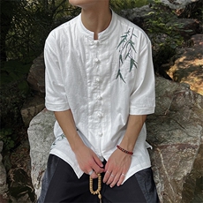新中式风男女同款24夏竹叶刺绣立领盘扣衬衫MT2308-P65-控78，男装衬衫，电商A021