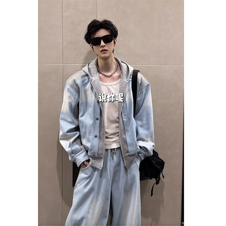 2026春款潮流牛仔拼接连帽夹克套装男W366-P153K366-P92(网图）,男装夹克,电商B267