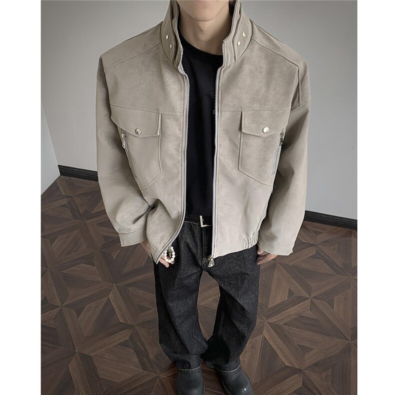 PU皮外套男立领美式复古工装男装皮衣夹克JK6451-特P77，男装皮衣，电商D202