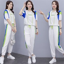 短袖时尚套装女2022夏季新款女装韩版休闲百搭撞色绣花两件套裤潮，女装套装/套裙，慧尚依恋