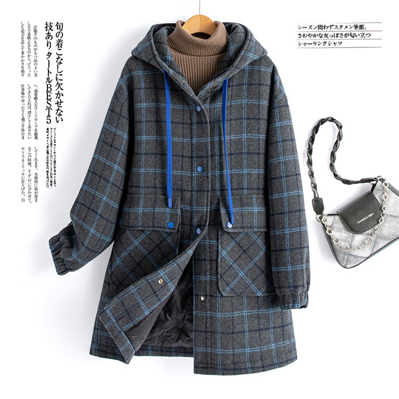 水衣源860款中长连帽格子毛呢加厚羽绒服（帽不可拆）（90绒），女装羽绒服，水衣源