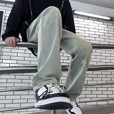牛仔裤男士高街复古做旧直筒长裤ins港风潮牌N0701-P45，男装牛仔裤，星座308B-1