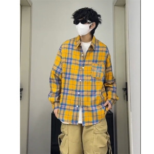 黄蓝格子长袖衬衫男美式格纹衬衣小众设计情侣外套C38-P45,格子长衬衫外套搭配男图片