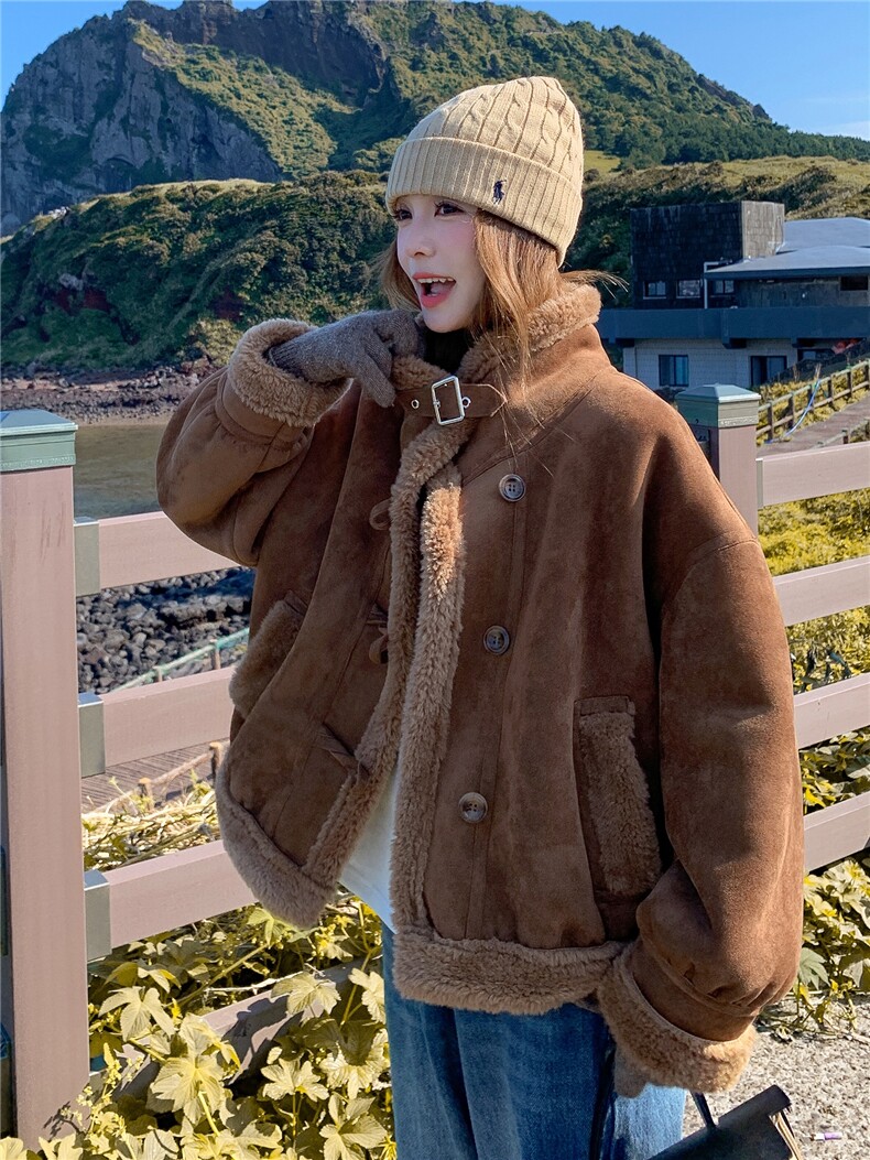 皮毛一体仿羊羔毛短外套女冬季2025新款爆款小个子加绒加厚棉服潮,女装羊羔毛/颗粒绒,诺蝶