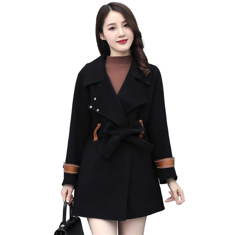 毛呢外套女中长款2021秋冬季新款韩版拼皮系带小个子毛呢外套大衣,女装毛呢外套,千千佰惠
