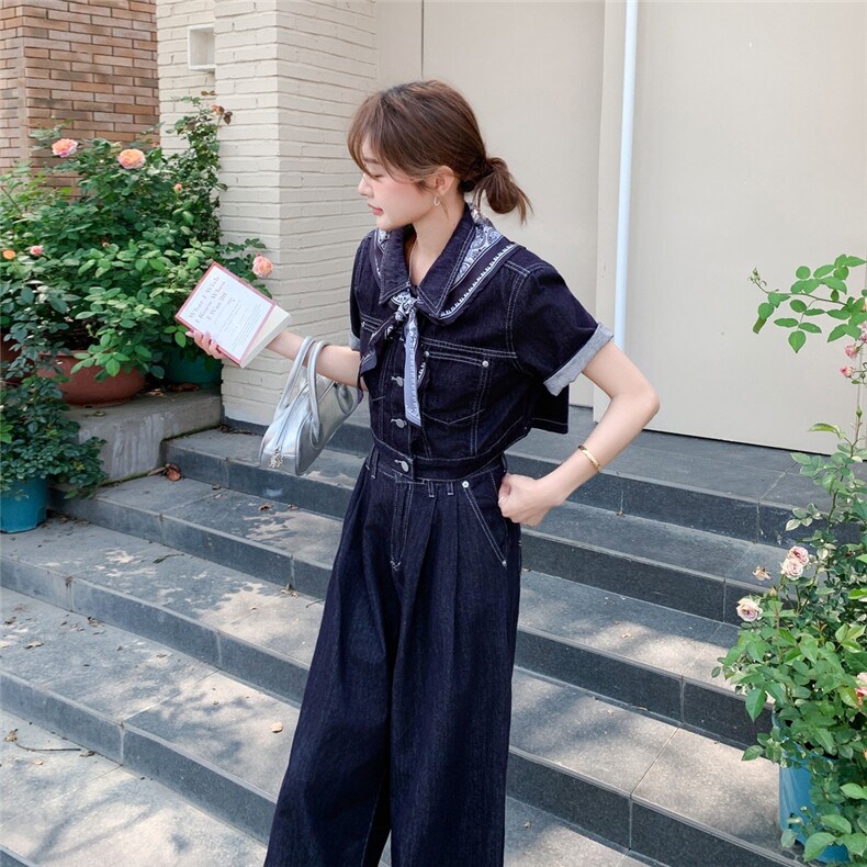 高级感港风牛仔套装女2025夏季新款超好看复古时尚阔腿裤两件套潮,女装套装/套裙,2C307